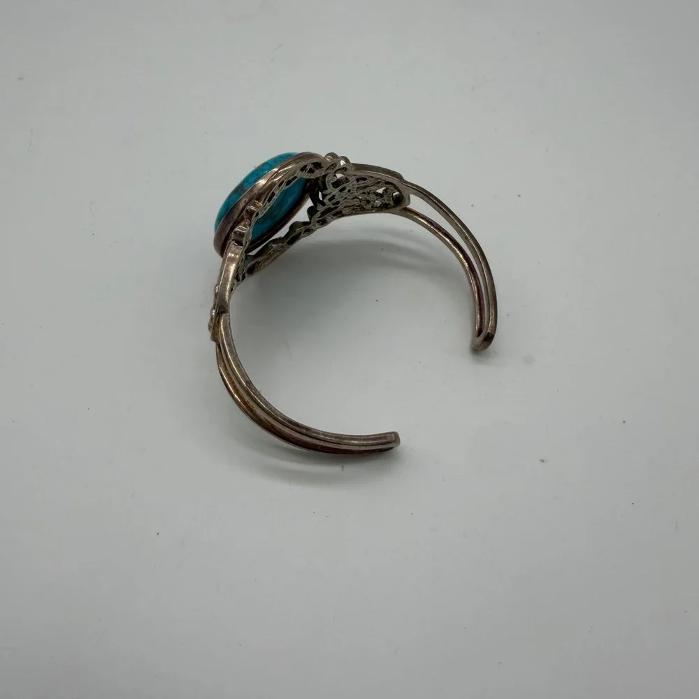 Barse Thailand Turquoise Filigree Cuff Bracelet Silver Tone Southwestern‎ Boho